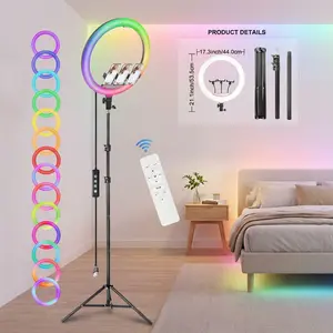 18 Inch RGB LED Ring Light with 70" Aluminum Alloy Tripod, with 1 selfie remote/3 Phone Clips/1 USB Ports, 3200-6500K Dimmable Fill Light Compatible with iPhone for Volg, Selfie Makeup, Lash Studio, Streaming Video, Recording Lighting#SummerVibes
