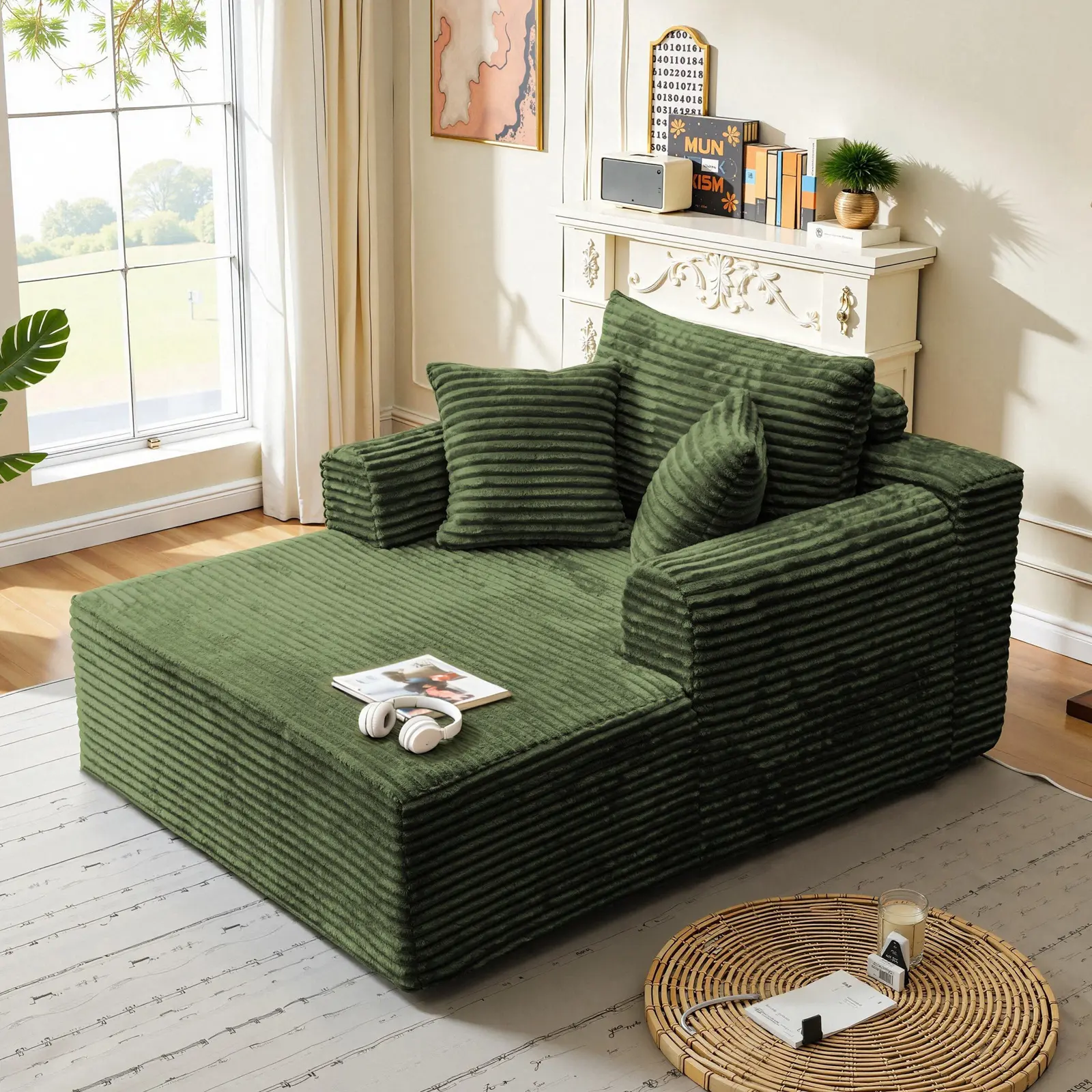 Oversized Lounge Chair, Boneless Chaise Lounge Living Room Corduroy sofa,Upholstered Fluffy cloud sofa bed with Throw Pillows, No Assembly Required, Indoor Sleeper Chair