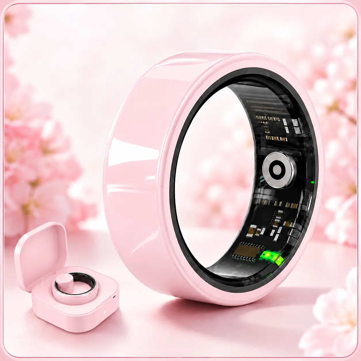 Pink Smart Ring for Women, Heart Rate, Sleep, Blood Oxygen, Stress & Cycle Tracking, Body Temperature, Multiple Sports Modes, IP68 Water Resistant, Charging Case, Free App, No Subscription, Compatible with iOS & Android