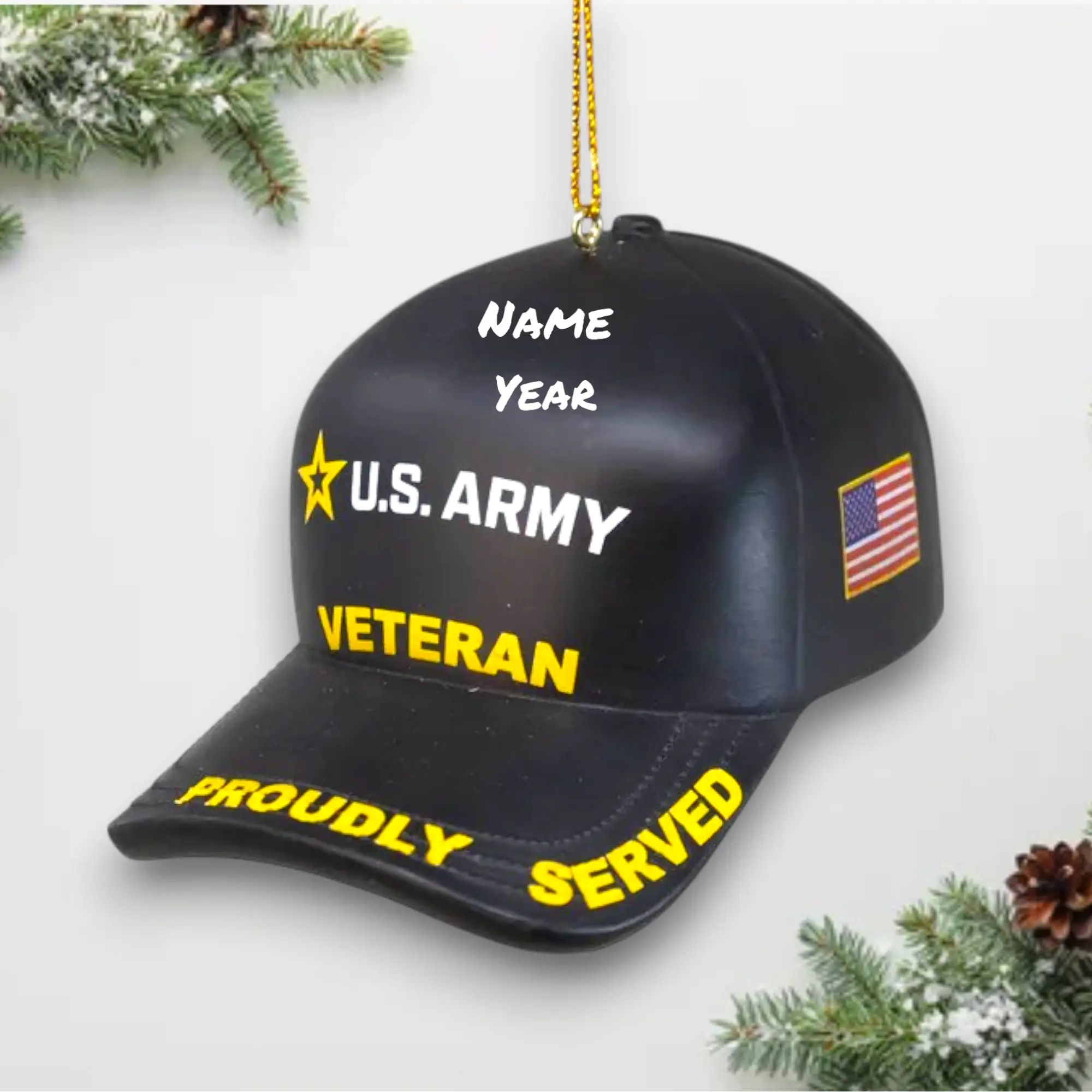 Personalized U.S. Army Veteran Cap Christmas Ornament – Proudly Served Military Gift – Custom Name & Year – 4” Resin – Noel Box
