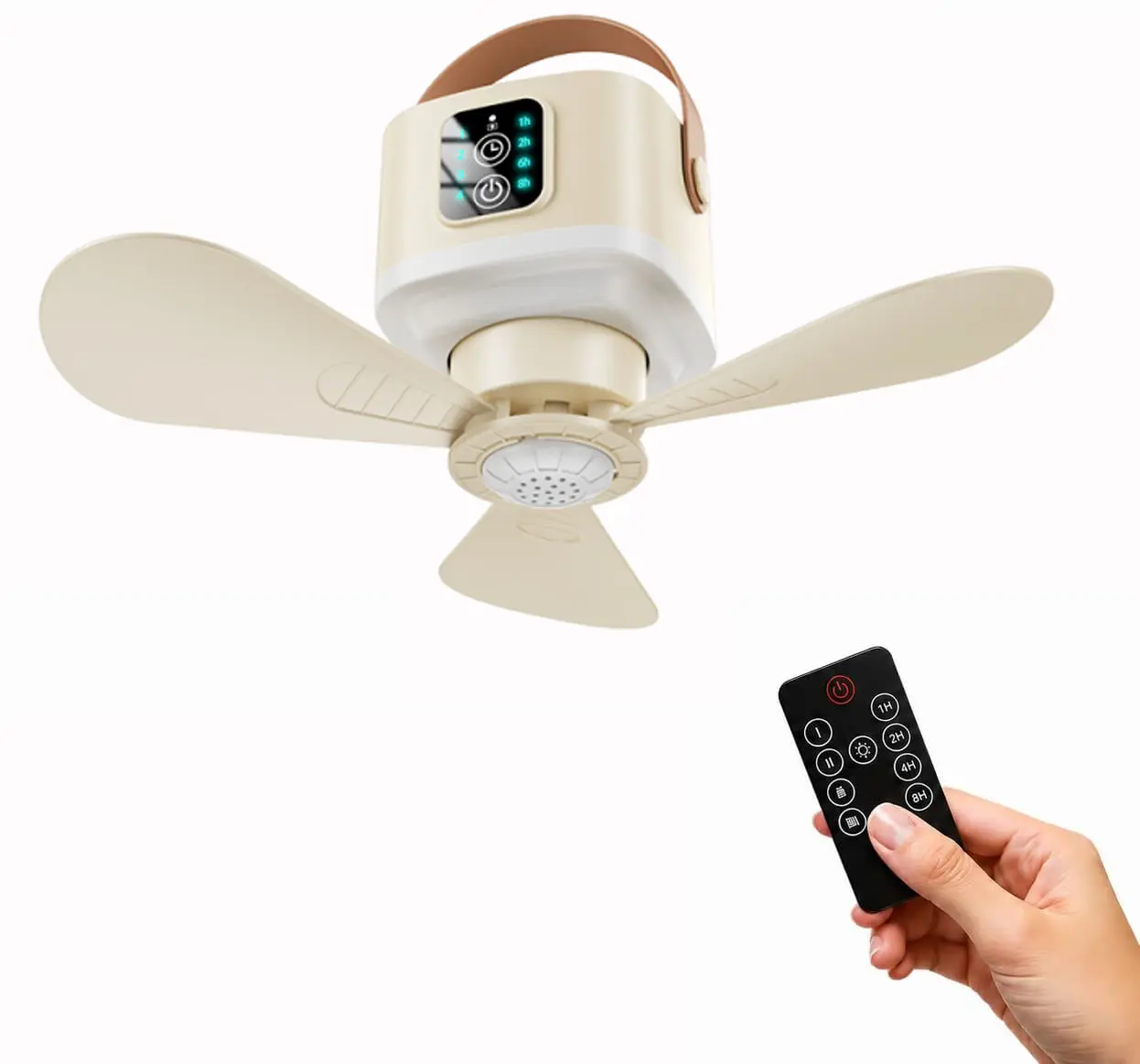 Portable Ceiling Fan with Lights Remote, 9.44" Rechargeable Battery Powered Fan, Hangable Camping Fan with Stand 4 Speeds & Timers, 3 Brightness for Camping, Travel, RV, Tent, Patio, Indoor