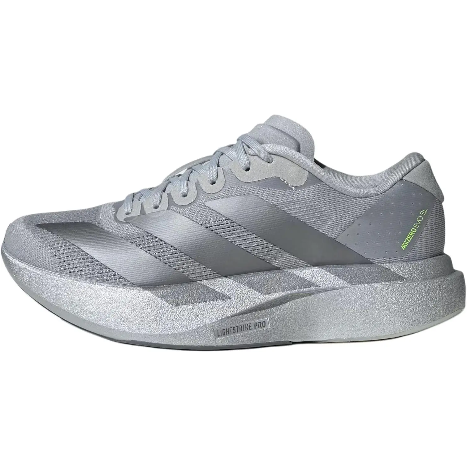Adidas Adizero Evo SL J 'Silver Metallic' Youth-Women's Cushioned Running Shoes - Lightweight, Responsive Cushioning, Breathable Mesh Upper, Adizero Evo SL Running Design, Track Training, Speed Workouts, Rubber, Athletic, Races, Road Running Shoes, Runnin