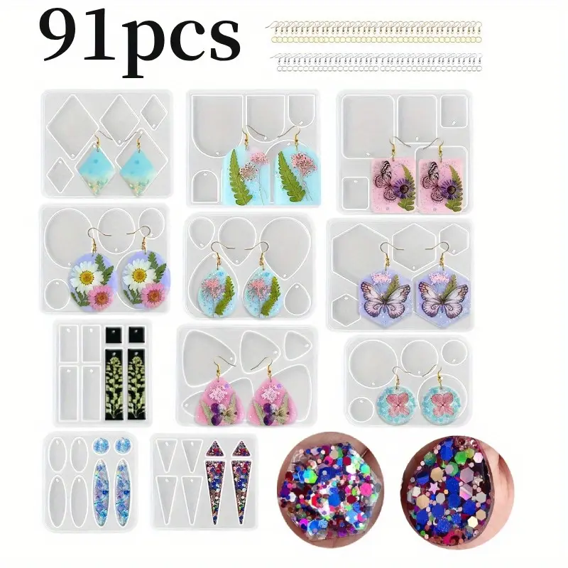 91pcs Resin Earring Mold Kit for Jewelry Making - 11 Variety-Shape Silicone Molds, 20pcs Gold Earring Hooks, Teardrop & Dangle Designs for Epoxy Pendants, Keychains - Tools & Hardware Accessories