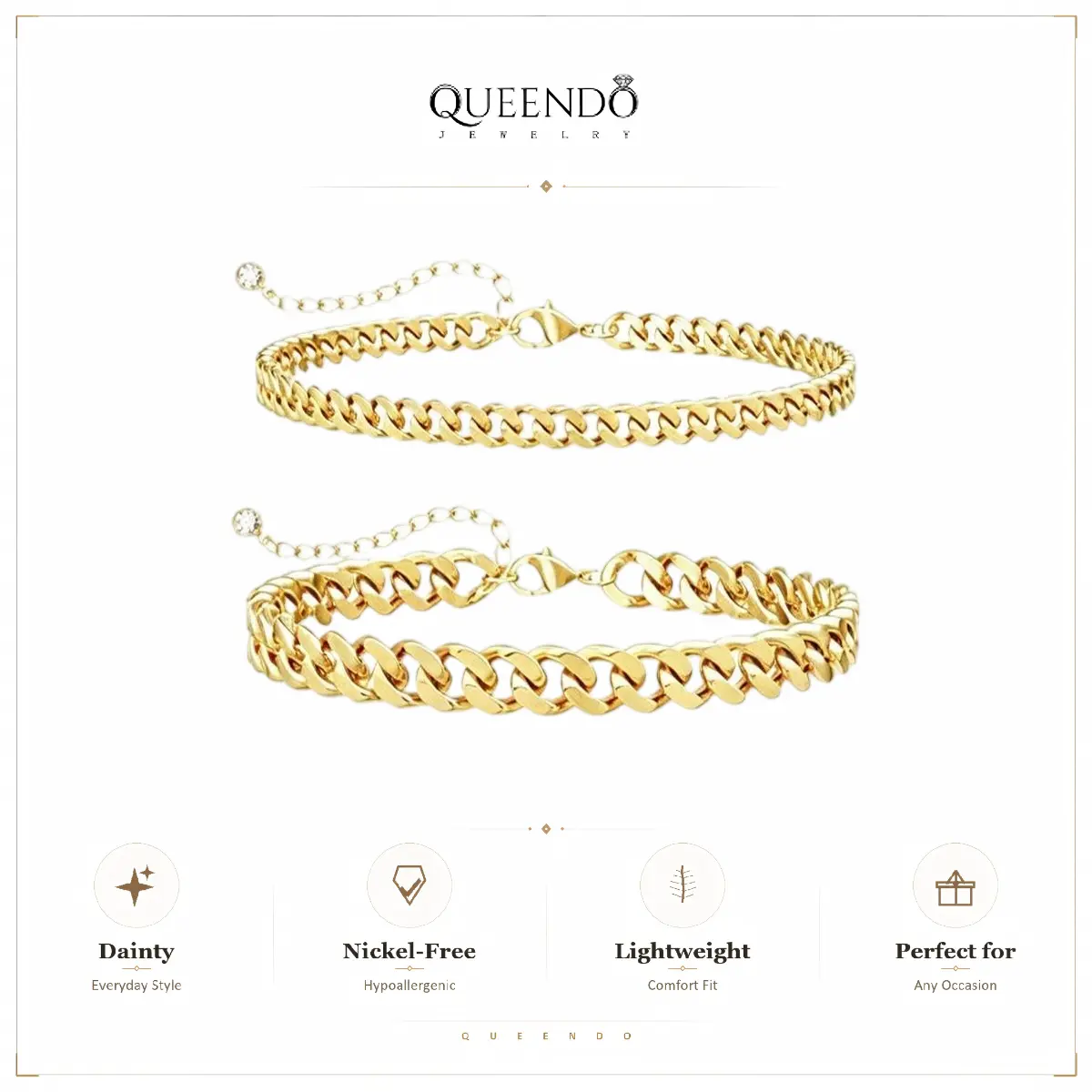 QUEENDO-style gold double-layer bracelet, 14K gold-plated, stackable Cuban chain, minimalist, adjustable jewelry gifts for women non tarnish jewelry funky unique accessoriesnon tarnish jewelry funky unique accessories gf gift