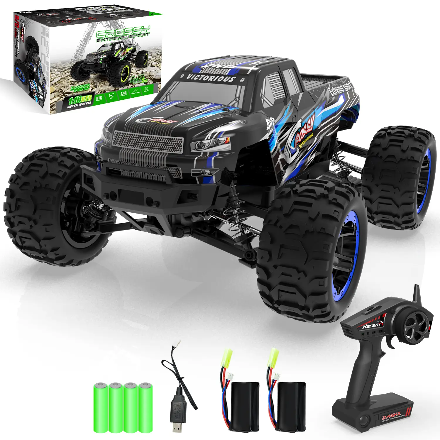 RACENT RC Stunt Car - 1:16 Scale 4WD Off-Road All-Terrain ABS Plastic Monster Truck, 30MPH High-Speed 2.4Ghz Easy-to-Control Remote Operated Electric Toy Vehicle, 2 Rechargeable Cells, 20-30 Min Run Time, Gift for 12+ Boys/Girls