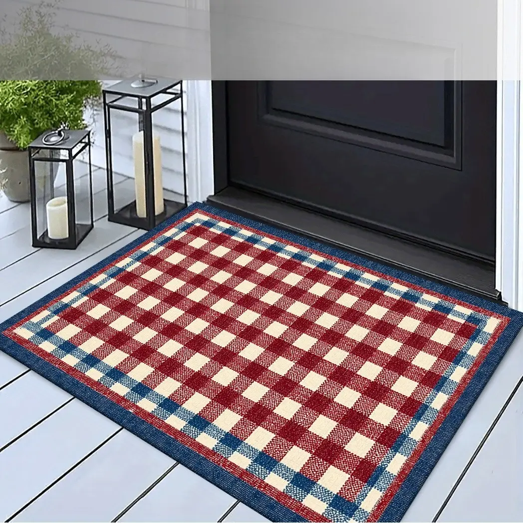 Red Blue White Checkered Board Doormat - Non-Slip, Bright Color, Colorful Checkered, Blue Accents, Bold Graphics Outdoor Rug for Entryway, Balcony | New Year, Valentine's Day Decoration, Blue Accents Doormats, Bold Graphics Doormats