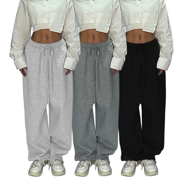 3 Pack Women Y2K Long Drawstring Wide Leg Sweatpants, Elastic High Waist, Flowy Floor-length Draped Silhouette, Soft Light Knit Fabric, Loose Casual Street Trousers Triple Set In White, Light Grey And Black Three Neutral Shades