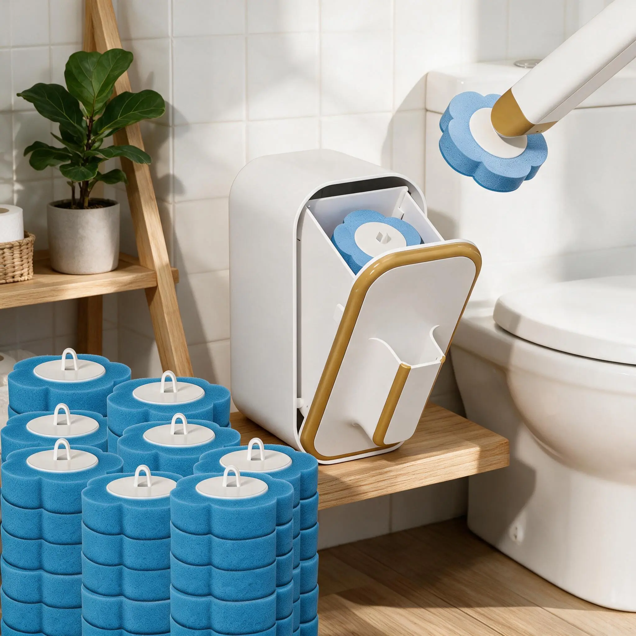 Disposable Toilet Wand Set with 24 Pre-Loaded Refill Heads, Touch Free Release Wall Mount Storage Caddy Bathroom Cleaner