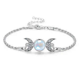 DRINSPER Moonstone & 925 Sterling Silver Elegant Bracelet, Hecate Triple Moon Goddess Bracelet, Artificial Moonstone, Pagan Wiccan Amulet Bracelet, Artificial Moonstone,Fashion Celtic Knot Crescent Moon,Elegant Jewelry Accessory for Women Girlfriend Girls
