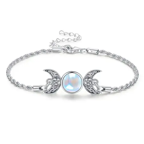 DRINSPER 925 Sterling Silver Artificial Moonstone Bracelet - Hecate Triple Moon Goddess Pagan Wiccan Amulet, Celtic Knot Crescent Moon Fashion Wrist Jewelry for Female Adults, Comfortable to Wear Birthday Gift
