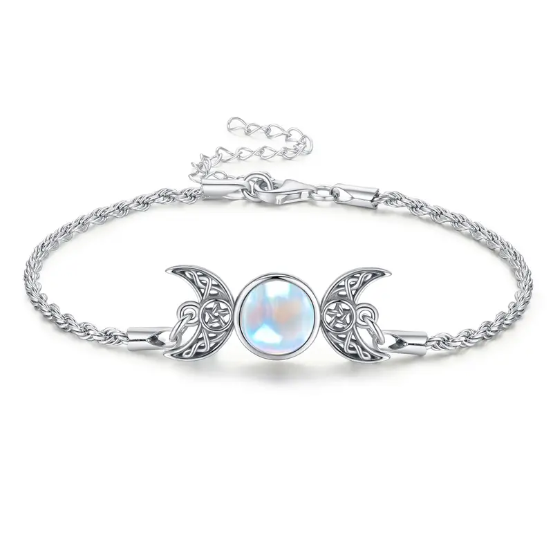 DRINSPER 925 Sterling Silver Artificial Moonstone Bracelet - Hecate Triple Moon Goddess Pagan Wiccan Amulet, Celtic Knot Crescent Moon Fashion Wrist Jewelry for Female Adults, Comfortable to Wear Birthday Gift