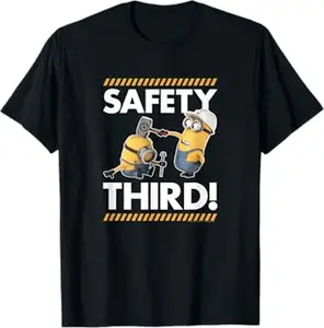 Despicable Me Funny Yellow Creature Tee, Kevin & Stuart Safety Third Funny Graphic T-Shirt #Minions #DespicableMe #FunnyTShirt #CartoonTee #GraphicTee