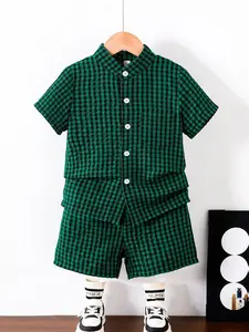 Boys' Summer Casual Short Sleeve Shorts Set, Retro Plaid, Button Front Stand Collar, Breathable Comfort, Outdoor Wear