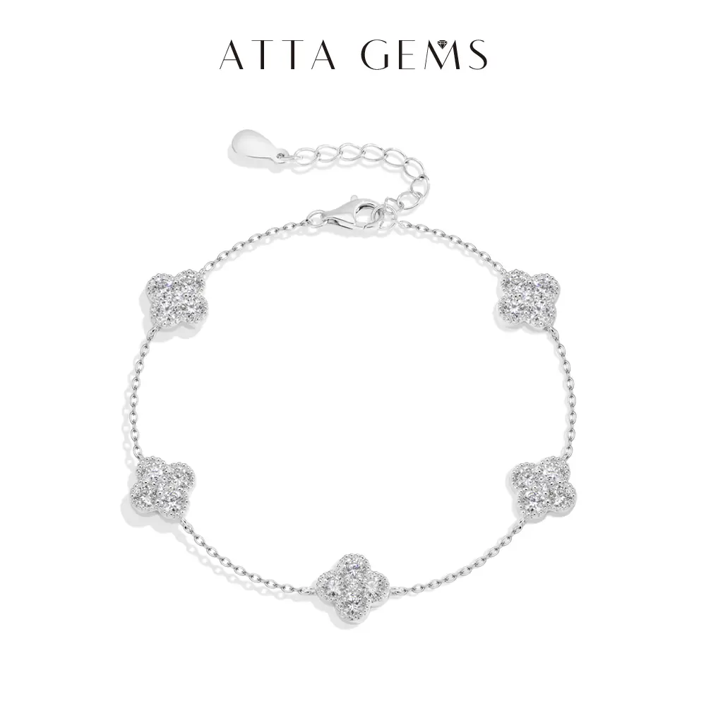 ATTAGEMS Four Leaf Clover 3.0MM Round Cut Lab-Created Moissanite Bracelet for Women Girls S925 Sterling Silver Bracelet Anniversary Gift Lucky Jewelry Daily Wear B083