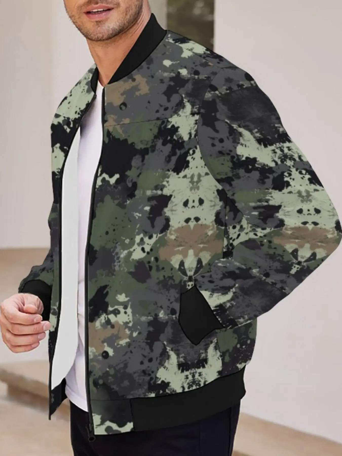 Men's Camo Zip Up Jacket, Regular Fit Casual Long Sleeve Pocket Zipper Outerwear for Fall & Winter, Men's Clothes for Daily Wear