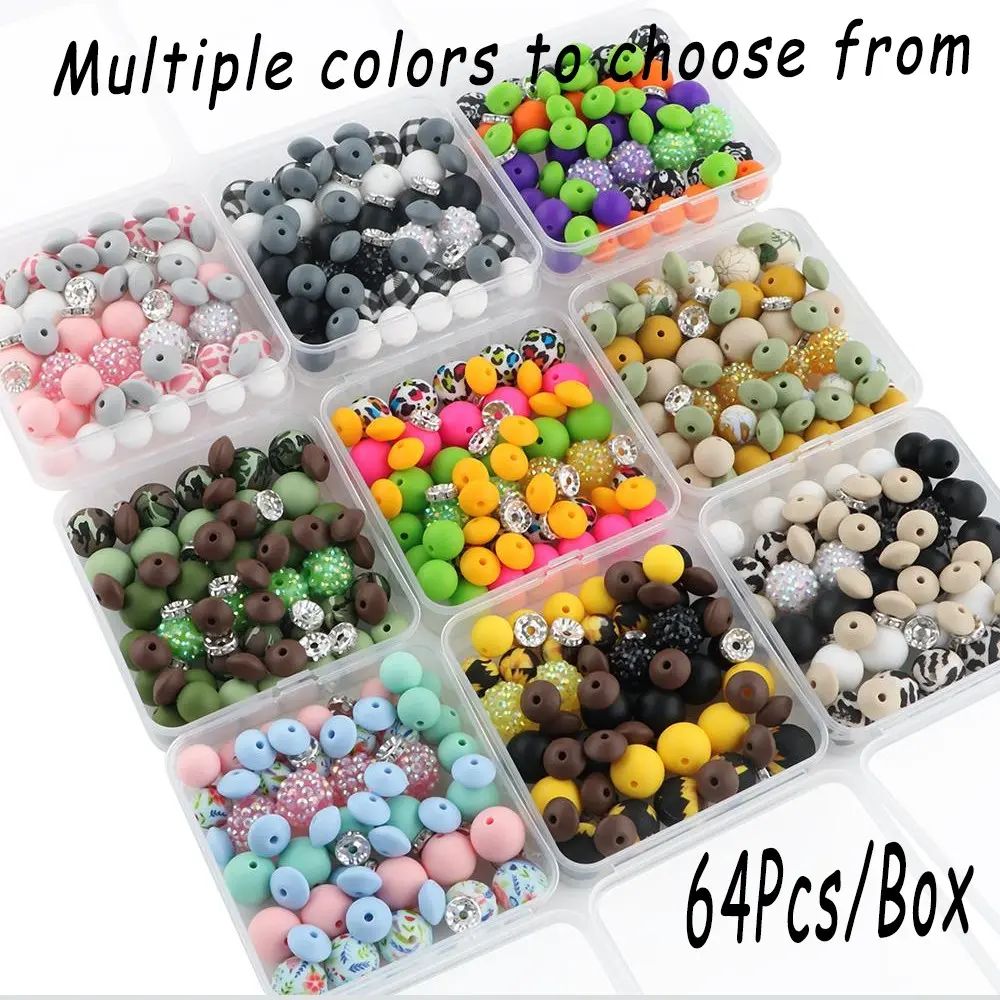 Mixed-Size Silicone Bead Kit, 64 Pcs/Box Colorful Beads, DIY Beading Supplies for Bracelet, Necklace, Earrings & Pendant, Handcraft Embellishments