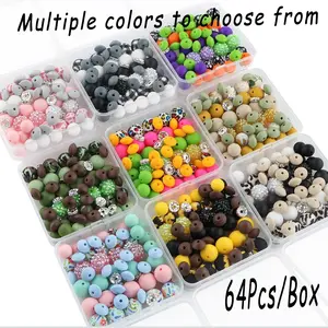 Mixed Sizes Silicone Bead Assortment Kit, 64pcs/box Colorful Beads, DIY Jewelry Making Supplies for Bracelet Necklace Earrings Pendant, Beads Set, Handmade Crafts, Handcraft, DIY Beading Accessories, Beaded Tassel Charms, DIY Galaxy Beads