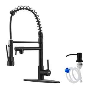 NGNP Kitchen faucet with pull-down spray, single handle double outlet commercial kitchen sink faucet, solid copper body, compatible with deck 1 or 3 holes sprayer black steel high arc Out Modern Decorative