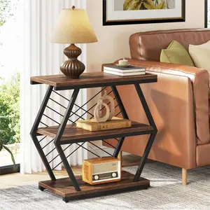 Tribesigns End Table, Industrial Side Table with 3 Storage Shelves, Wood Sofa Side Table with Geometric Metal Frame space saving end table