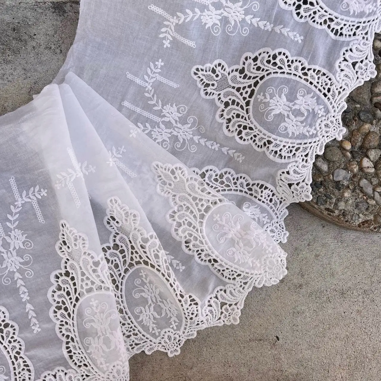 Embroidered cotton Lace trim 14 inches (35cm) wide for Bridal  Crochet and Home Decor Natural Off white Lace trim fabric eyelets monogram 1Y