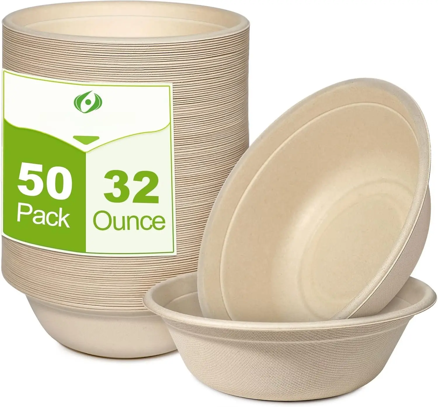 Large Disposable Paper Bowls 32oz - 50 Pack Heavy Duty Compostable for Hot and Cold , Biodegradable Made of Sugarcane