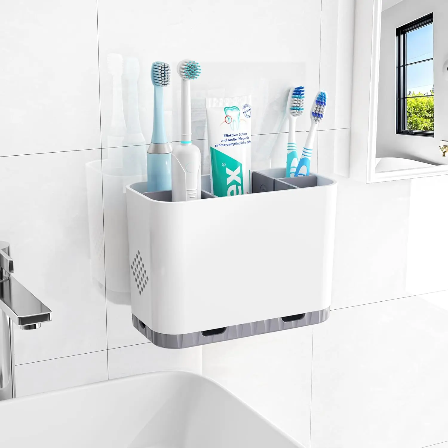 Durable Modern Polyester Toothbrush Organizer - 5-Slot Bathroom Accessory Org with Detachable Dividers, Wall-Mount Option, Countertop Use for Kids' Electric Toothbrushes