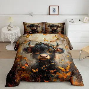 Feelyou Queen Size Highland Cow Microfiber Comfy Decorative Bedding Set - Orange-Brown Breathable Duvet Set with Maple Leaves, Butterflies for Bedroom Use, Comfy Bedding Set