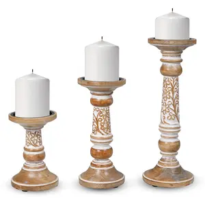 Set of 3 Rustic White Hand-Carved Mango Wood Pillar Candle Holders (6", 9", 12") – Perfect for Home Decor & Centerpieces