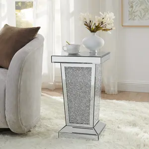 Modern Silver Mirrored End Table with Crystal Inlay - Home Decor Items, Coffee Table, Nightstand for Living Room - 13.8"W x 13.8"D x 23.6"H