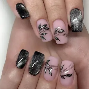 Medium Press on Nails Square Black Fake Nails with Leaf Design Glitter Glossy Full Cover Stick on False Nails for Women Fall Manicure 24 Pcs