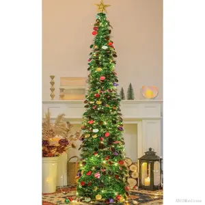 6 FT Pop Up Christmas Tree with 100 LED Timer Lights & Remote, Green Collapsible Christmas Tinsel Tree Artificial Pencil Tree Xmas Decoration for Holiday Home Office Party, USB PoweredAB11Monlisse