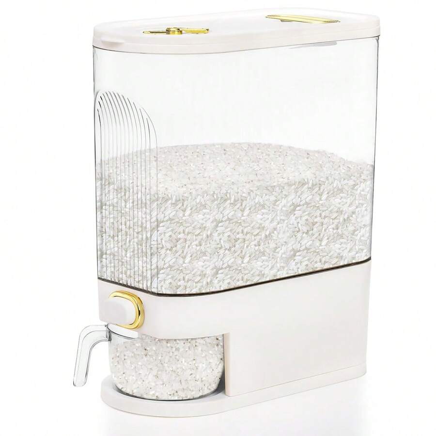 A large-capacity rice storage container with a measuring cup, moisture-proof and insect-proof sealed storage container, suitable for storing rice, grains, flour, dog food, pet food, household sealed rice container, and household kitchen supplies