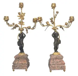 Pair of Late 19th C. French Belle Époque Candelabras Bronze, Gilt Metal & Marble