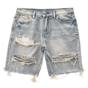 New Ins Fashion Lazy Ripped Cropped Jeans Youth Casual Summer Men's Blue Cotton Denim High Street Fashion Basic Shorts Menswear Pants Beige Fabric