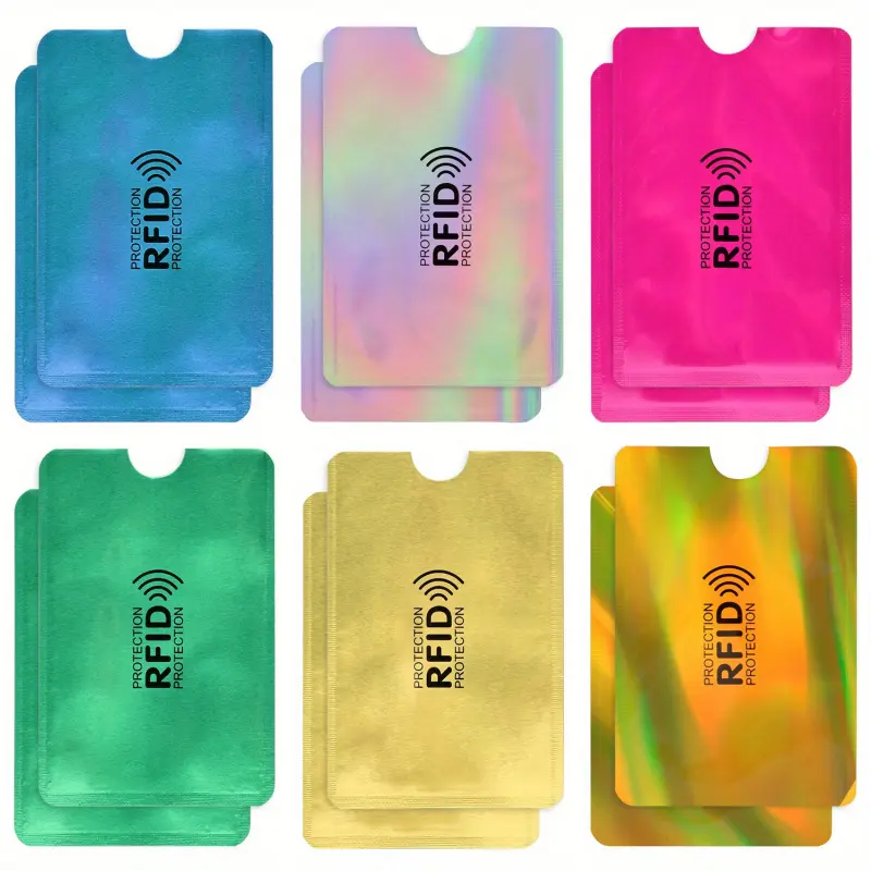 12-pack brightly colored RFID-blocking credit card sleeves - durable PET anti-demagnetization protector, iridescent holographic design, with easy-to-access cutouts, available in multiple colors, Office Accessories, Aesthetic Office Supplies