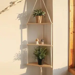 Wooden Wall-Mounted Design Hanging Rack, 1 Count Boho-Style Triangle Storage Rack, Home Decor for Bedroom, Living Room or Study, Corner Wall Shelf