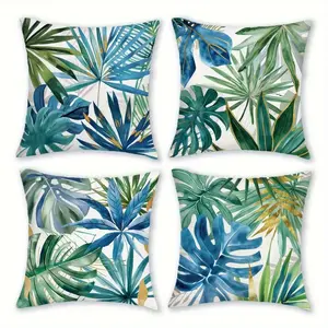 4pcs-Tropical Plant Themed Throw Pillow Covers, Exotic Palm Leaves And Plant Decoration, Suitable for Sofa, Couch Cushion Covers, Living Room, Outdoor, Farmhouse Style, 2D Flat, Single Sided Printing, No Pillow Core