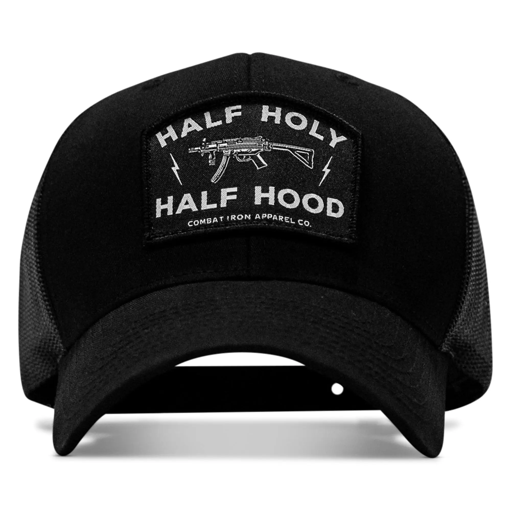 COMBAT IRON Half Holy-Half Hood Cotton Twill Baseball Cap, Adjustable Breathable Mesh Snapback Hat with Custom Patches for Everyday Wear