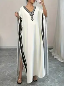 Print Long Robe Dress V Neck Arabic Dress Caftan Beach Cover Up Women's Long Robe, Loose-Fitting Plain Surface All Seasons