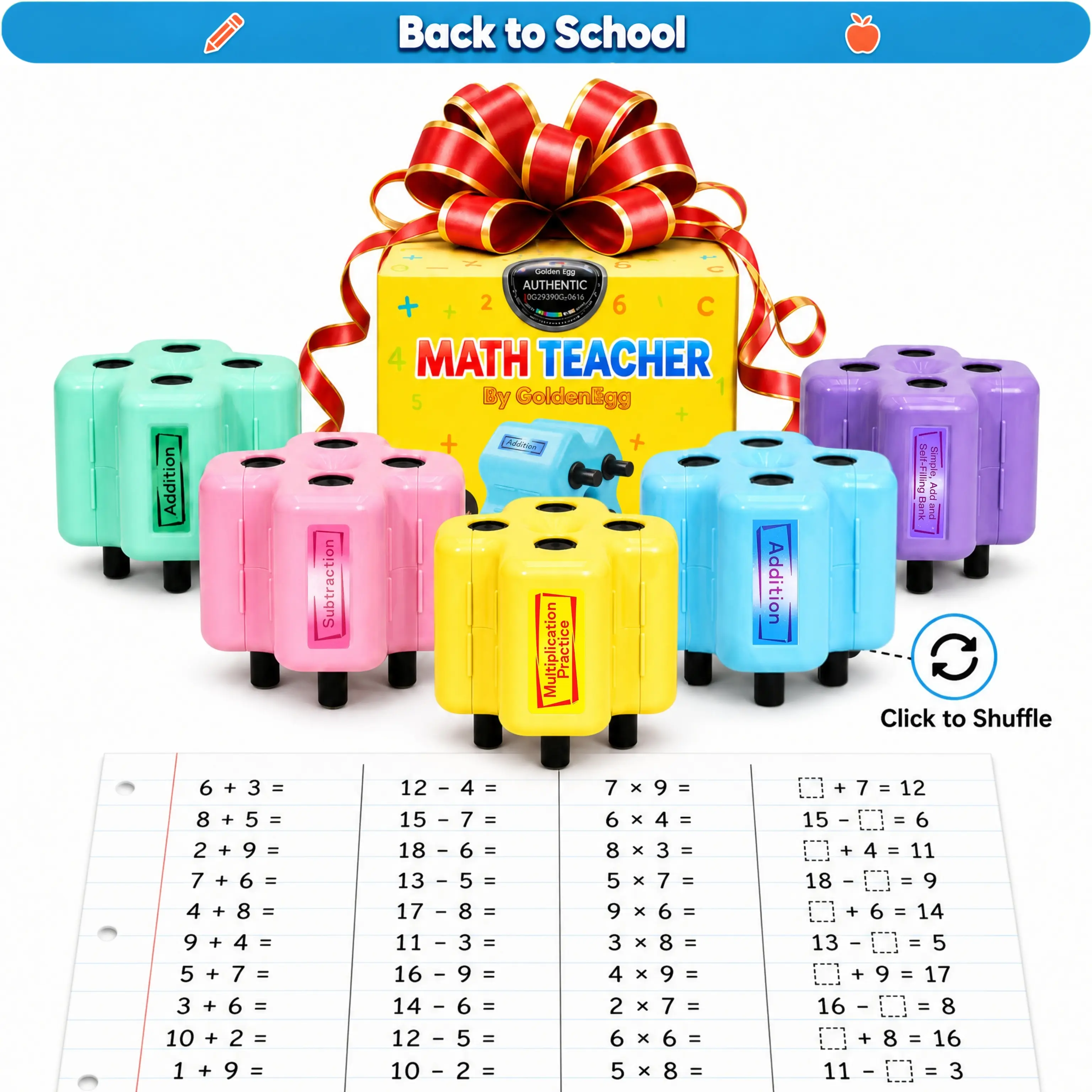 Math Teacher 4 in 1 Roller Stamp, Addition Subtraction Multiplication Practice Tool, Ink Stamp Roller for Kids Ages 5-9 1st 2nd 3rd Grade Classroom Homeschool Home Use, Back to School Supplies, Learning Gift for Kids | GoldenEgg