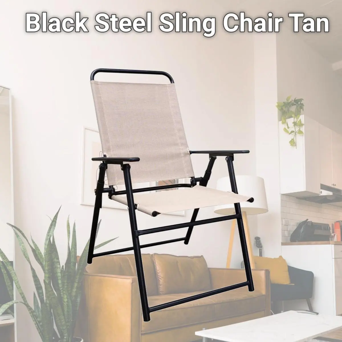 Living Accents Adjustable Steel Lounge Chair, Tan Fabric with Black Frame, Weather-Resistant with Sun Protection for Outdoor Use, Camping Furniture, Outdoor Patio, Sling, Adjustable Back, Slingshot Sling, Steel Frame, Requires Assembly, Assembly Required,