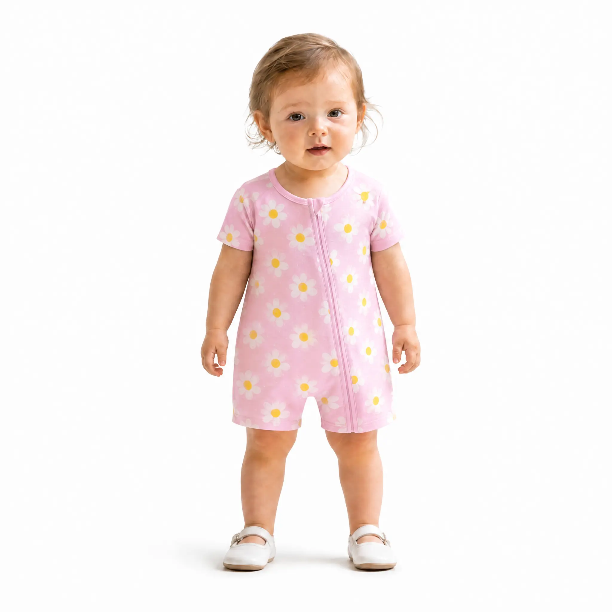 mossriver Baby Jumpsuit, Daisy Print Front Zip Bodysuit in Soft Bamboo, Breathable Fabric Pajamas for Sleep & Play, Low Iron