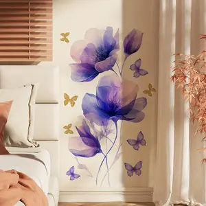 A piece of (30*60cm) purple butterfly and flower wall sticker for living room, bedroom, bathroom, home background decoration Floral Pattern Sticker Decorative Stickers M18515