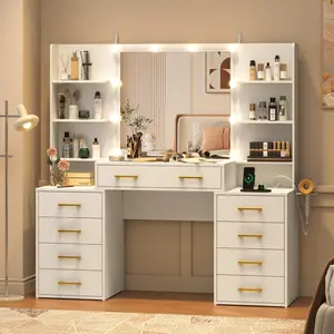 Modern Glass Top Vanity Desk with Mirror and Lights, Large Makeup Mirror Desk with Charging Station, 9 Drawers & 6 Shelves, Stylish Design for Women & Girls Gift