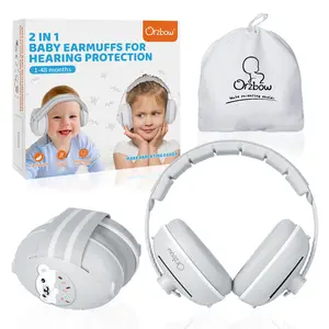 Orzbow 2-in-1 Baby Ear Protection for Babies Infant up to 48 Months Noise Cancelling Headphones with Cute Bear Design Fluffy Earmuffs for Airplane Travel Sleep Gray