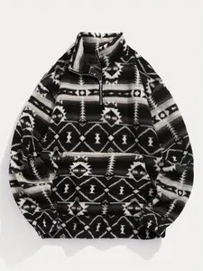Men's Ethnic Pattern Zip Up Funnel Neck Polar Fleece Sweatshirt, Loose Casual Long Sleeve Pocket Pullover for Fall & Winter, Men's Clothes for Daily Wear