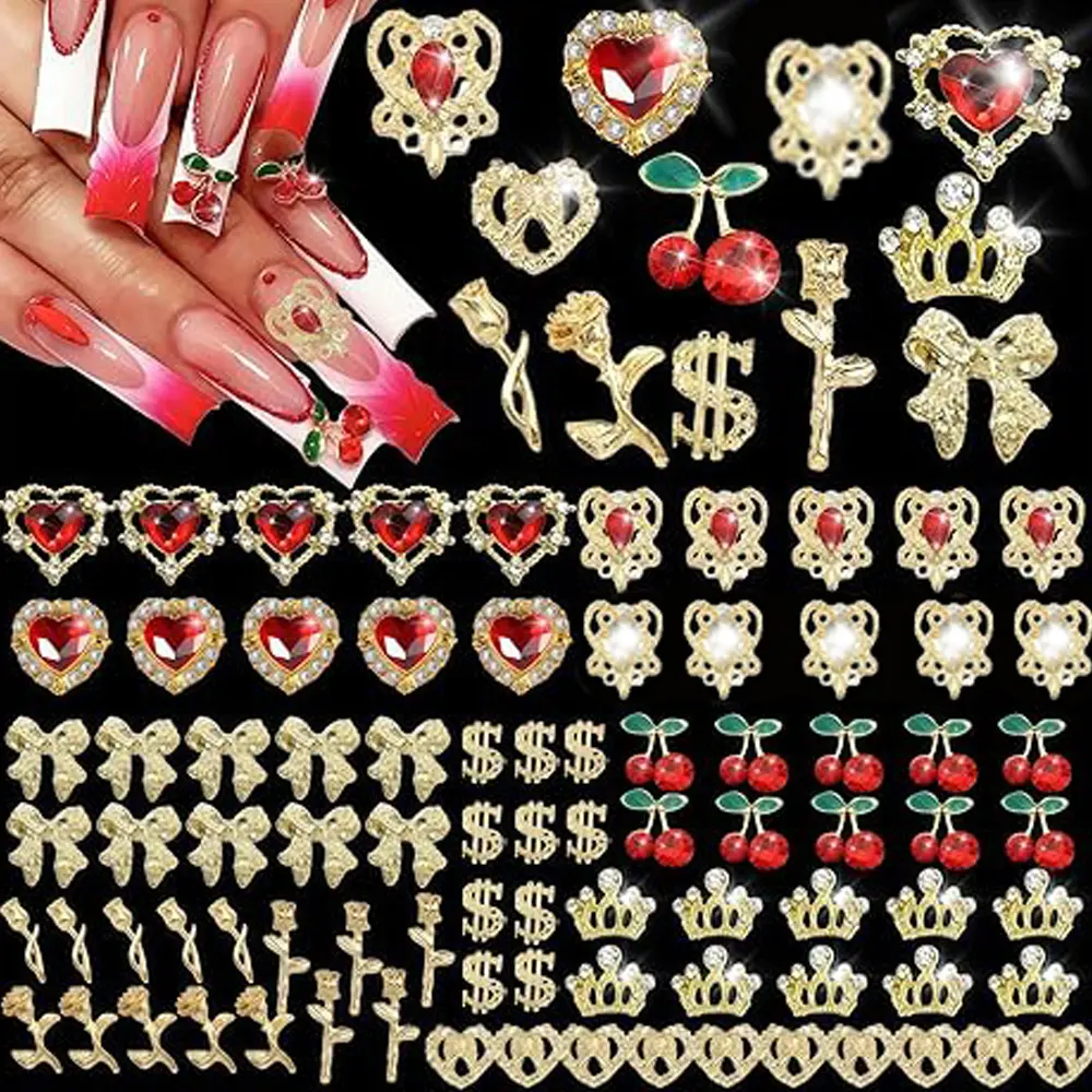 48Pcs 3D Gold Y2K Bulk Art Decor Set Charms Including Heart Rhinestones, Cherries Dollars Roses Crowns and More for Nail Nail Art Design Nail Stickers