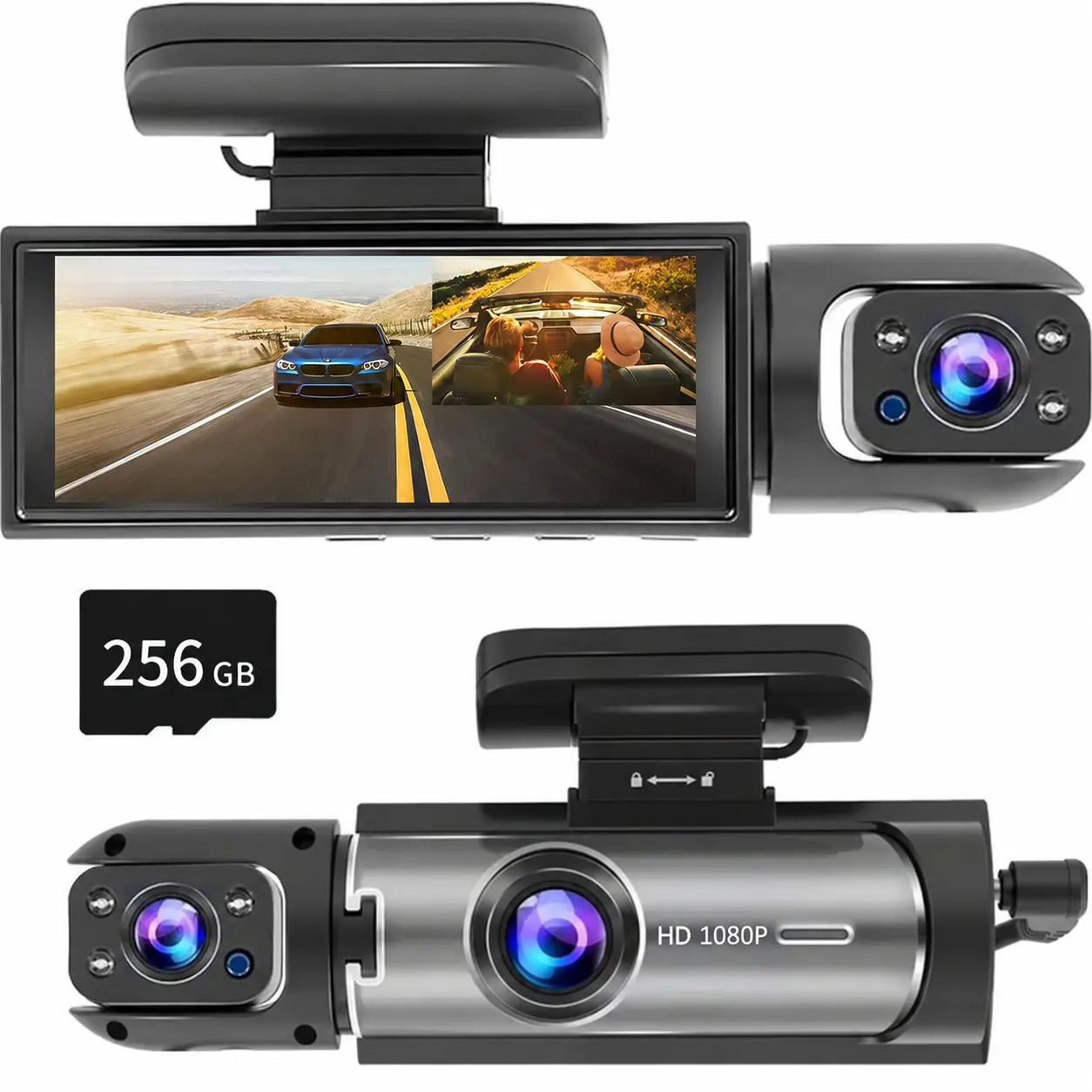 2-Channel Dash Cam for Cars with 256GB Card, Front, Cabin and Rear Cameras, 3.16-Inch HD Display, Infrared Night Vision, G-Sensor, Motion Detection and Seamless Loop Recording