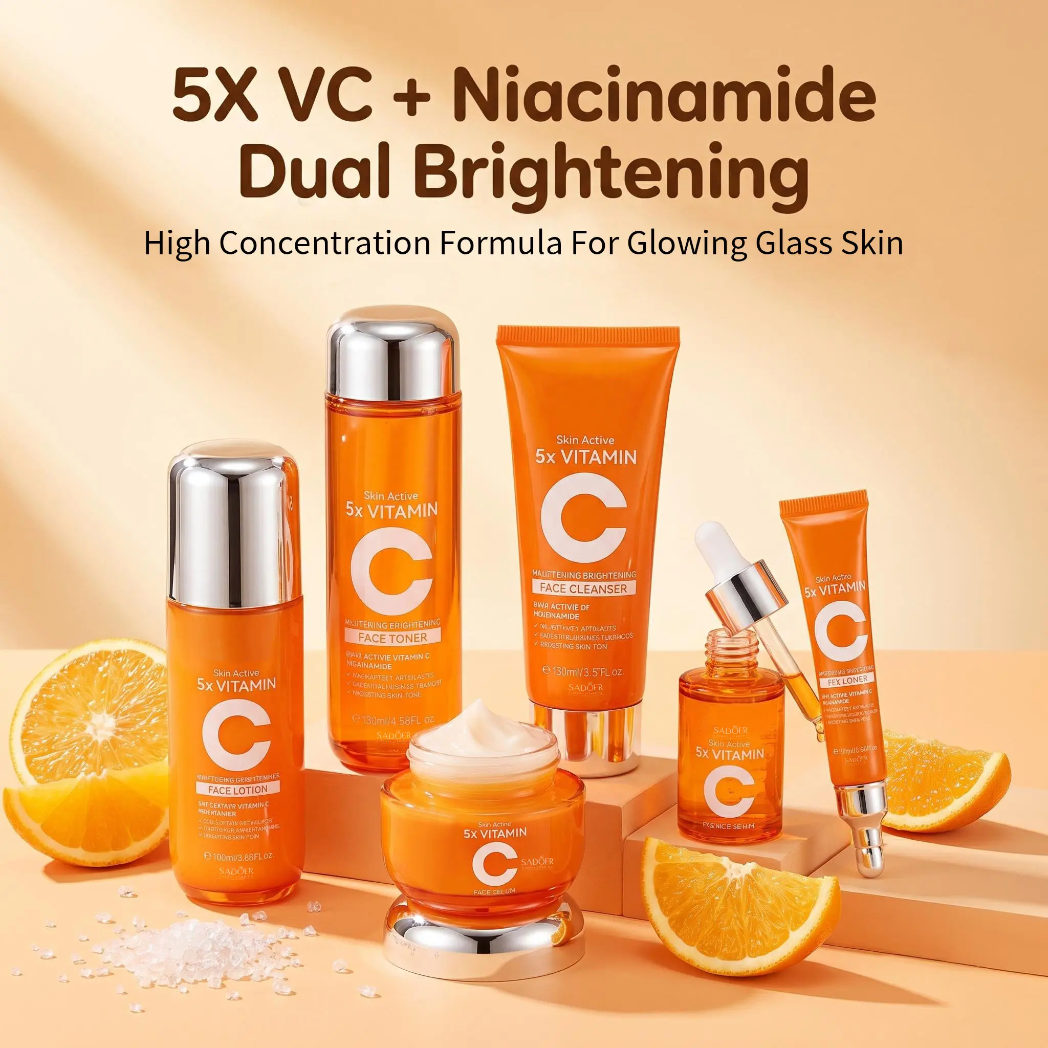 6-Piece Hydrating Vitamin C Skincare Set with Niacinamide, Daily Face Care Routine Includes Cleanser, Toner, Serum, Moisturizer, Eye Cream & Body Lotion for Self Care