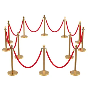 12pcs Gold Stanchions and Velvet Ropes Set Crowd Control Pole, 5ft Red Rope Rope Safety Barriers, Red Carpet Posts for Wedding, Events, Parties, Exhibition